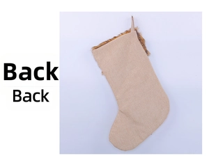 Detailed back view of a linen Christmas stocking with plush faux fur trim and hanging loop