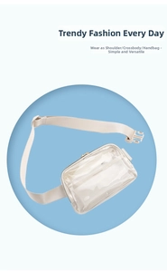 Close-up of clear PVC waist bag with adjustable beige strap and interior mesh pocket