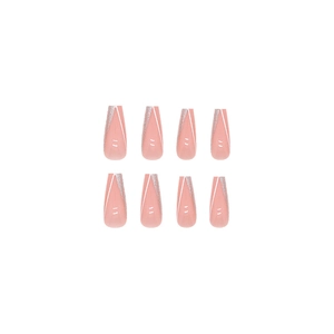 Long ballet coffin press-on nails in nude pink with silver glitter gradient accents