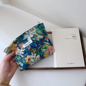 Artistic oil painting floral cotton pouch with zipper and simple wish label