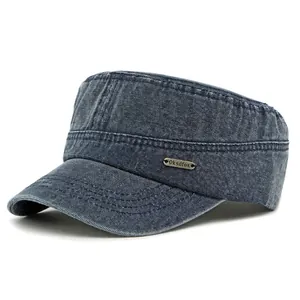 Navy blue washed denim flat top military cap with metal badge and vintage stitching details