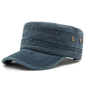 Classic washed cotton military flat top cap in blue-grey with metal side eyelets