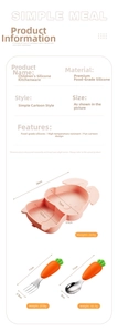 Size chart showing food-grade silicone baby plate and carrot-style utensil dimensions