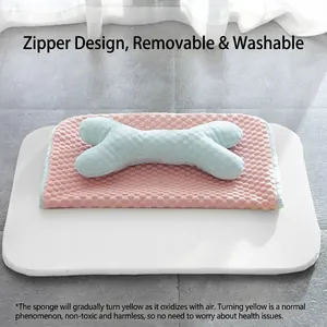 Cooling pet sleeping mat with blue bone pillow and pink honeycomb mesh cushion for dogs