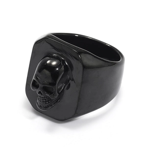Vintage gothic skull ring for men in black plated titanium steel from a 45-degree angle