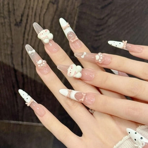 Handmade press-on nails with pink gradient, 3D bears, cat paws and bows in almond shape