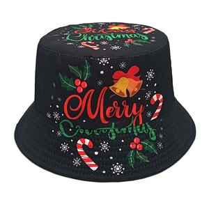 Foldable black Christmas bucket hat for adults with Merry Christmas print and festive bells