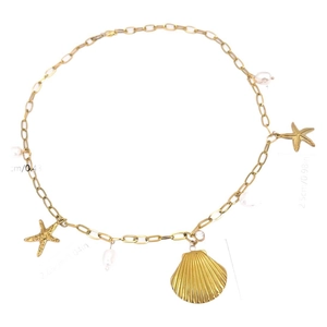 Gold starfish and shell pendant necklace set with pearls for beach vacation style