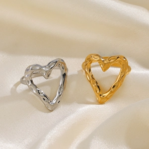Heart Ring Stainless Steel Hammered Texture Hollow Out Adjustable Open Fashion Hip Hop Style For Women