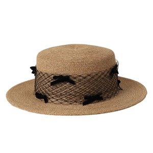 Japanese style flat top straw hat with black mesh veil and bow knots for women