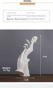 White resin hand-shaped jewelry stand with rose detail and dimensions for ring display