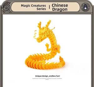 Detailed macro view of gold 3D printed articulated Chinese dragon model showing texture