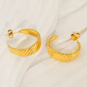 Geometric Hoop Earrings 18K Gold Plated Stainless Steel Diagonal Ribbed Textured C Shape Minimalist Retro Jewelry For Women