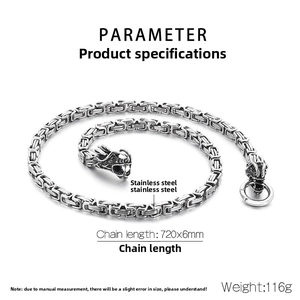6mm wide Byzantine stainless steel necklace featuring dual dragon head clasp and measurements