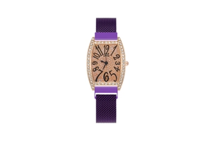 Detail of rose gold tonneau watch face with crystals and purple magnetic mesh strap