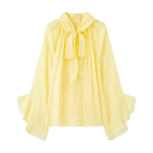 Pale yellow long sleeve chiffon shirt featuring tie-neck bow and ruffled flare cuffs