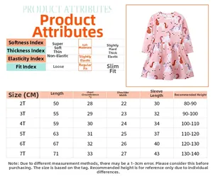 Size chart for girls long sleeve unicorn dress showing measurements from 2T to 7T