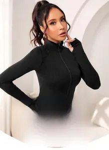 Detail of slim fit black sports jacket featuring thumbhole sleeves and stand collar
