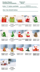 Size chart showing 17 types of resin Christmas miniature ornaments for DIY decor