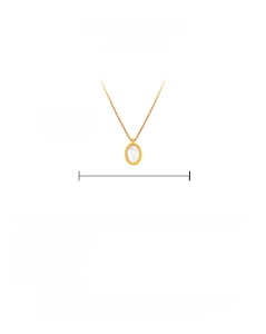 Detail shot of a gold-plated necklace with oval pendant showing dimensions and chain length