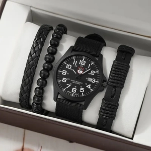 Men's gift set featuring a black SOKI quartz watch and three braided bracelets in a box