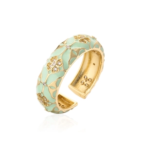 Close-up of 18K gold plated ring with mint green enamel and white zircon flower details