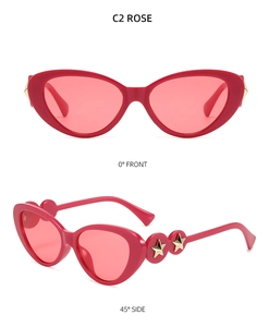 Detailed front and side view of cat eye sunglasses with metal star decoration
