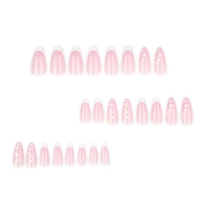 French tip almond fake nails with white flower and heart patterns on pink base