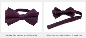 Detail of wine red polka dot bowtie showing double-layered design and adjustable metal buckle