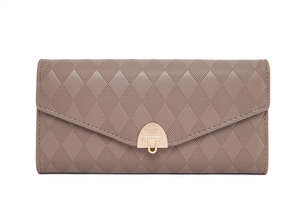 Detailed view of Morandi brown leather wallet with diamond lattice texture and gold clasp