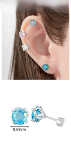 Macro view of blue rose-cut screw back earring showing 0.69cm size and side hollow detail