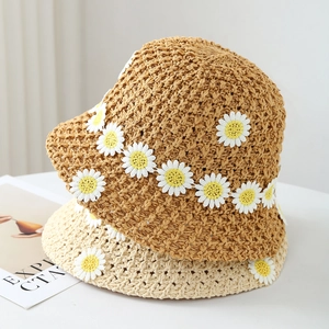 French vintage style hand-crocheted daisy straw bucket hats in brown and cream colors