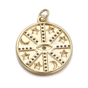 Close-up of gold medallion pendant with evil eye, star, and moon zircon details