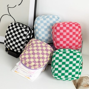 Knitted checkerboard makeup bag set in multiple colors with metal zipper closure