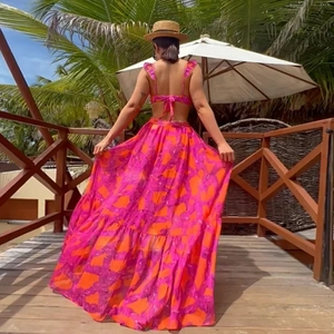 Floral ruffle backless crop top and high-waisted maxi skirt set for beach vacation