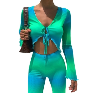 Blue-green gradient long sleeve crop top and matching pants two-piece set for women