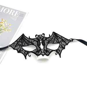 Detailed view of a black lace bat-shaped masquerade mask on a clean white background