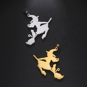 Titanium steel flying witch on a broomstick silhouette pendant in gold and silver finish