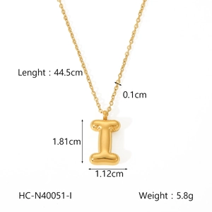 Detailed specs of gold 3D puffy bubble letter I necklace with dimensions and weight info