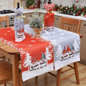 Christmas table runner and wine bottle covers featuring Nordic gnomes and snowflakes