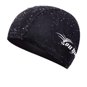 Waterproof black fabric swimming cap with logo and water droplets for adults and kids