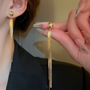 Elegant gold-tone long fringe tassel earrings with metal beads and snake chains for women
