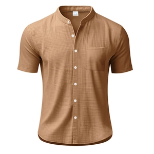 Macro shot of light brown linen-blend shirt showing the stand collar and pocket detail