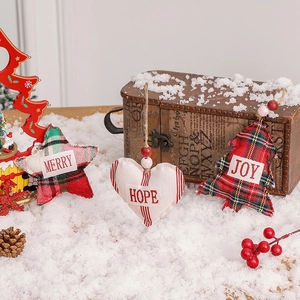 Christmas hanging plush decorations with star heart and tree shapes in festive plaid fabric