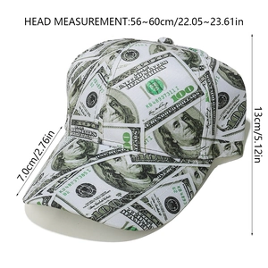 Detailed size chart showing 56-60cm circumference and 7cm brim for the $100 bill cap