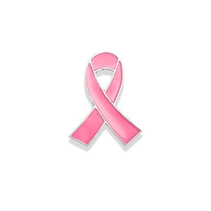 Detail view of pink enamel ribbon brooch with polished silver metal frame edges
