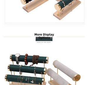 Detail of single and multi-tier velvet jewelry display stands with gold metal frames