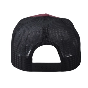 Rear view of burgundy baseball cap with black mesh back and adjustable snapback closure