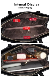 Detail view showing internal multi-layer storage and compartments of this tote bag