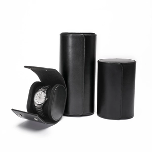Premium black leather cylinder watch travel case with secure snap closure and soft lining